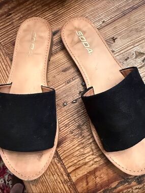 Soda Black Slide Sandals with Tan Footbed